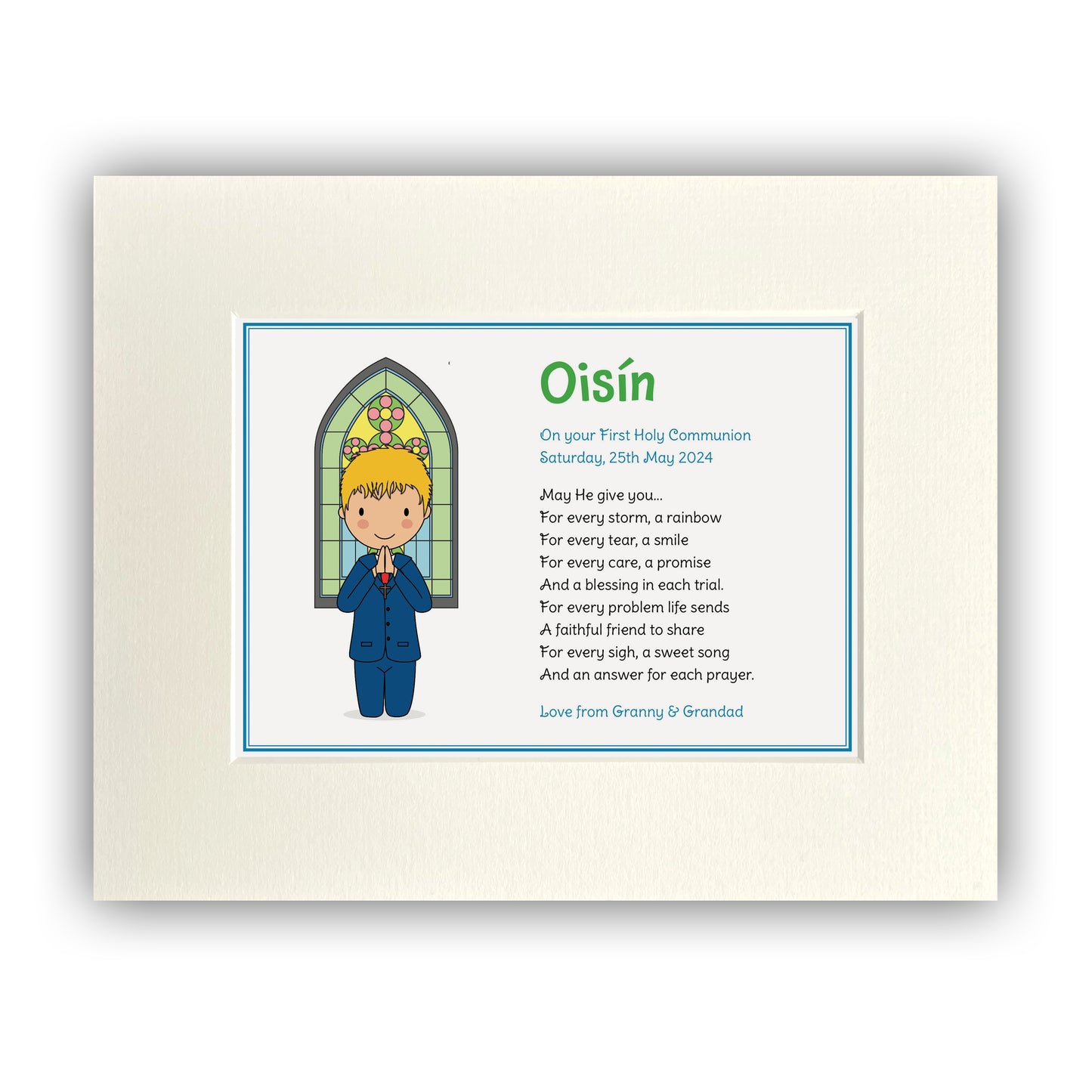 Personalised Communion Boy Illustration (8 x 10in Mounted print) WITH Communion Card & FREE Shipping