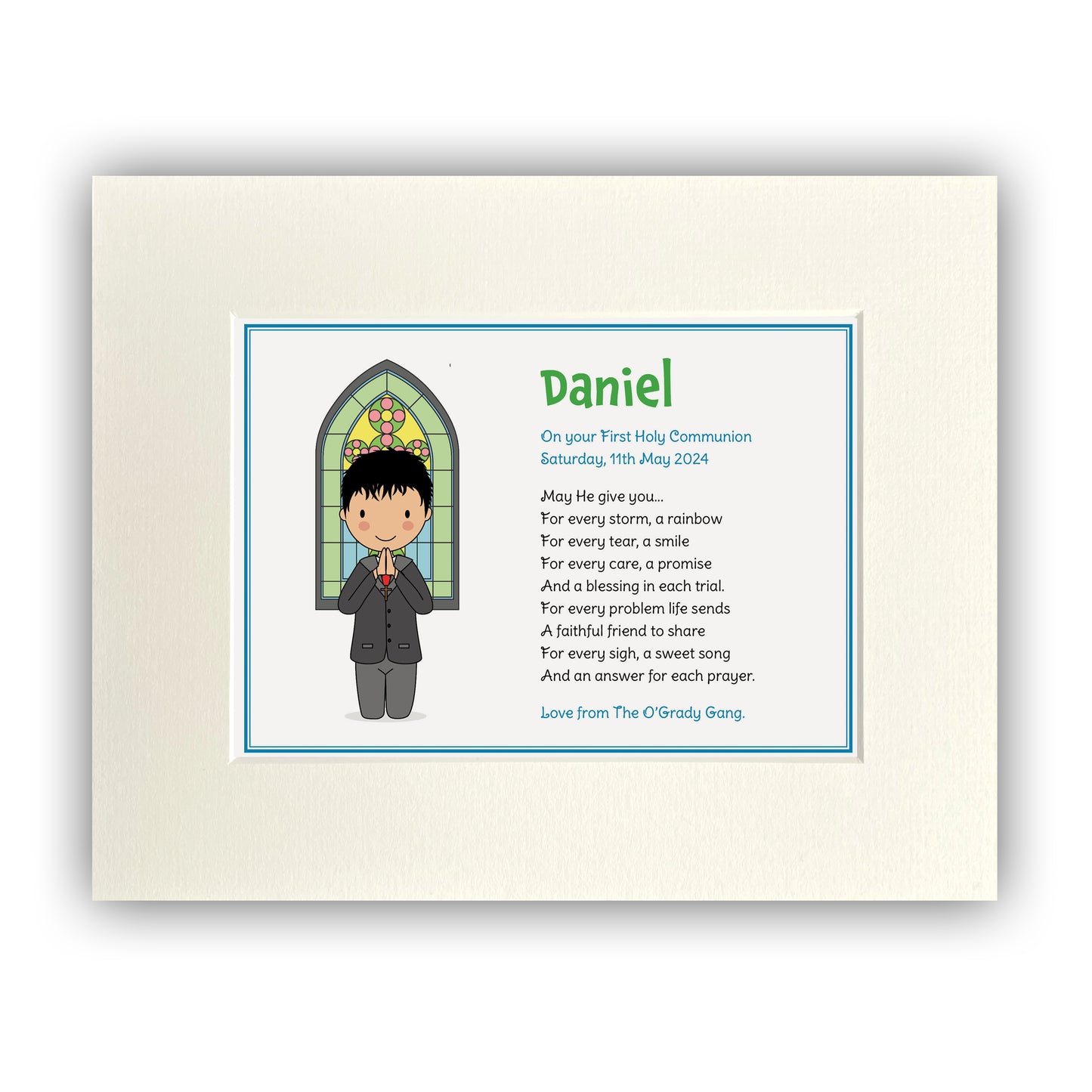 Personalised Communion Boy Illustration (8 x 10in Mounted print) WITH Communion Card & FREE Shipping
