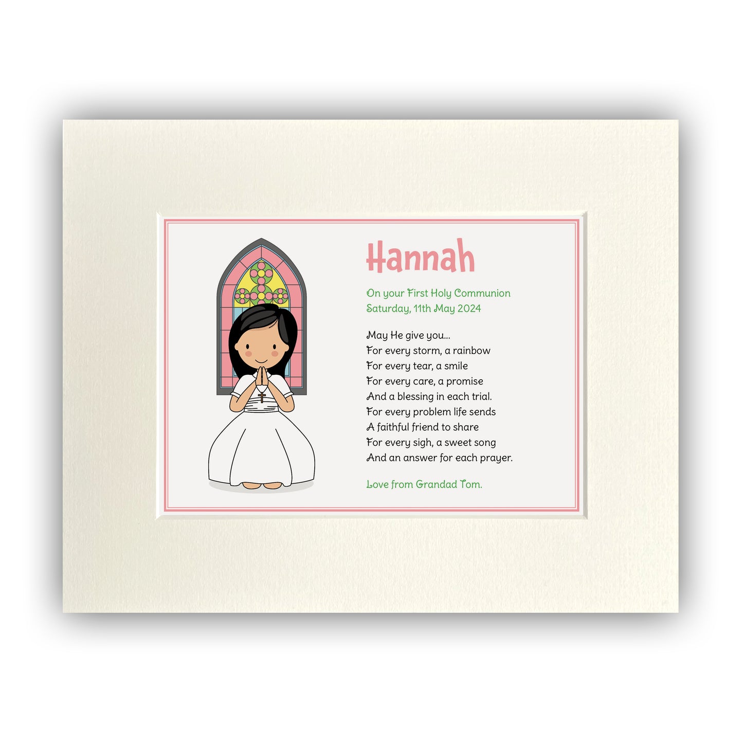 Personalised Communion Girl Illustration (8 x 10in Mounted print) WITH Communion card & FREE Shipping