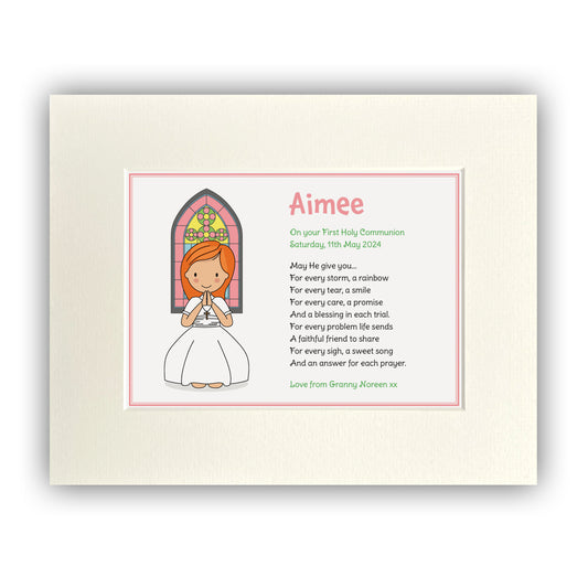 Personalised Communion Girl Illustration (8 x 10in Mounted print) WITH Communion card & FREE Shipping