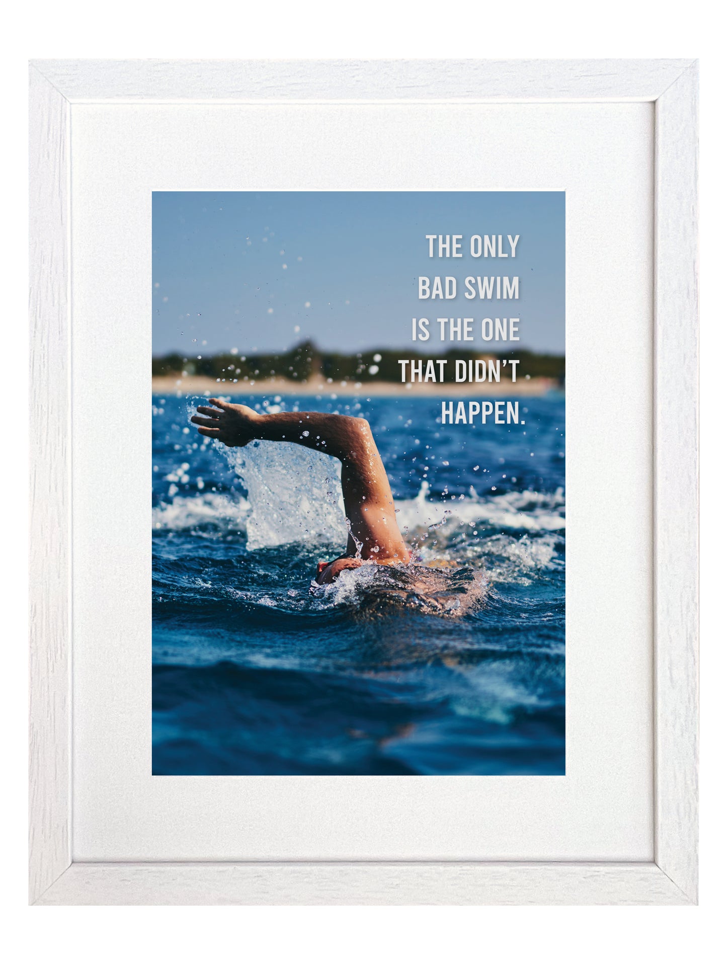 Framed print with a swimmer in action and motivational quote on a blue background