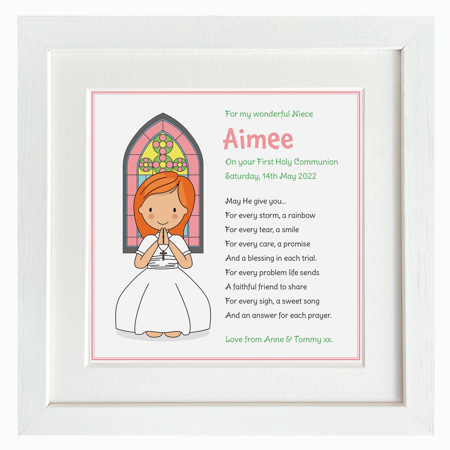Girl's Framed Communion illustration gift WITH Matching card & Gift bag