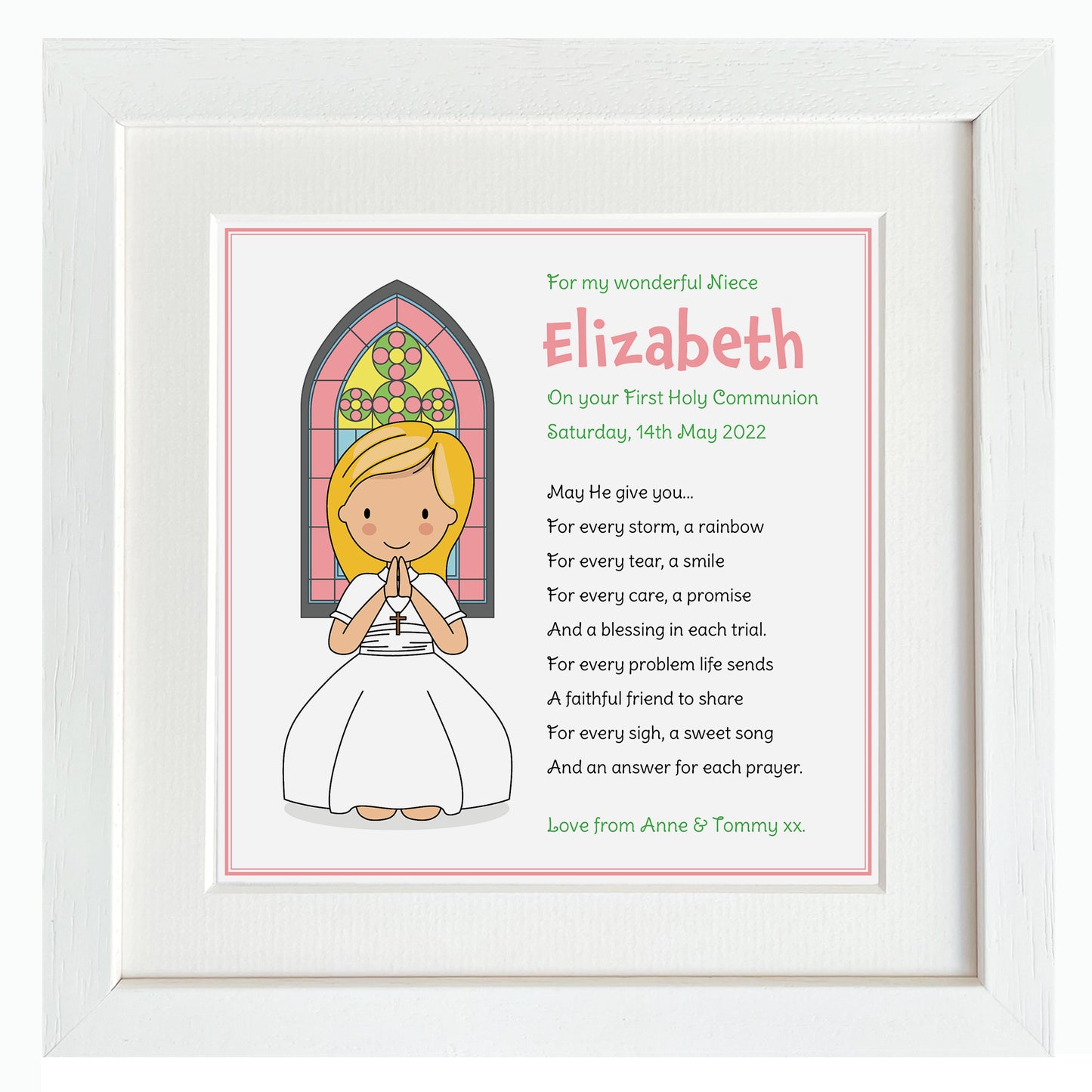 Girl's Framed Communion illustration gift WITH Matching card & Gift bag