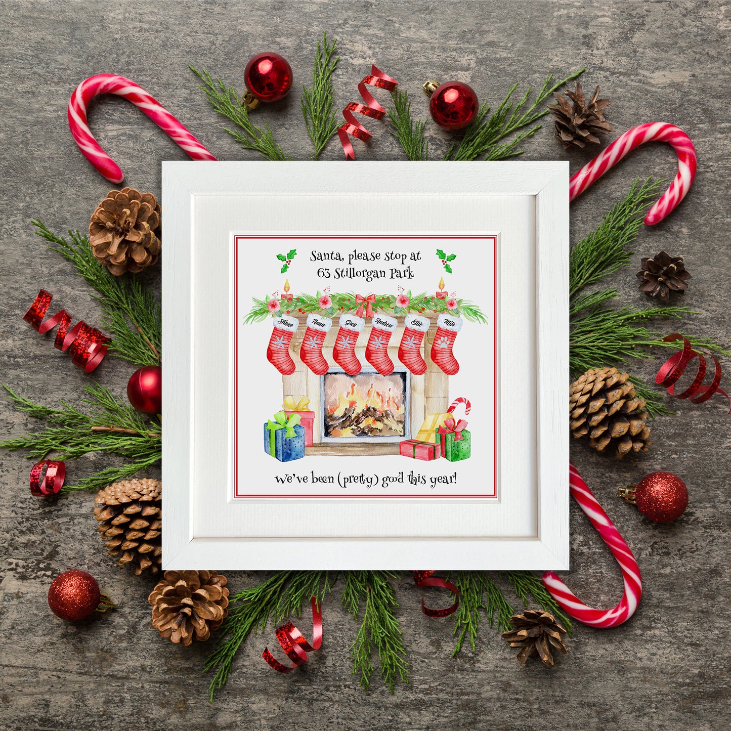 Family / "Santa, please stop at" Christmas stockings - 26cm x 26cm