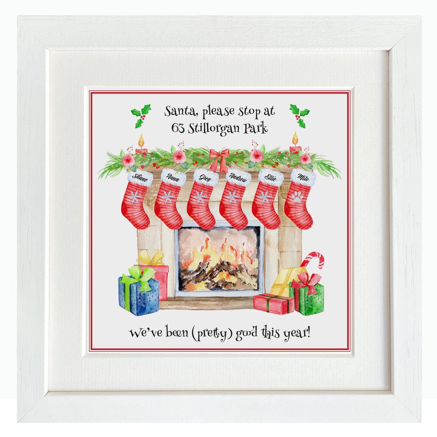 Family / "Santa, please stop at" Christmas stockings - 26cm x 26cm