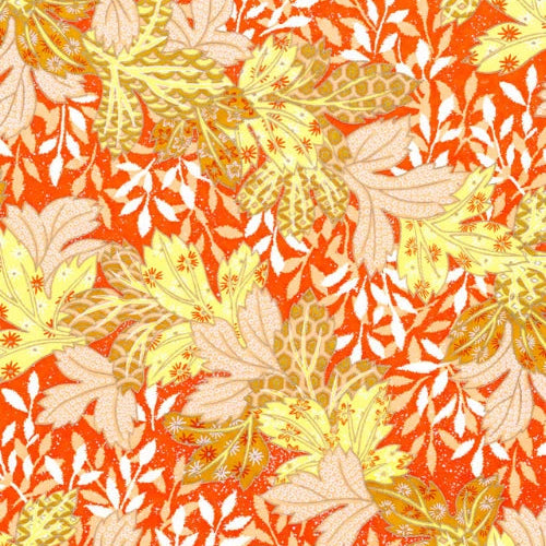 Japanese screen printed decorative chiyogami paper used in handmade cards. A repeating autumn leaf pattern in orange, yellow, cream, and beige, with stylized maple and oak leaves.