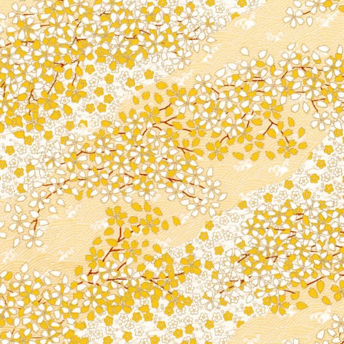 Japanese screen printed decorative chiyogami paper used in handmade cards. Pattern of yellow and white flowers on a beige background