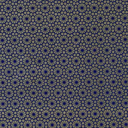 Japanese silk screen printed decorative chiyogami paper used on handmade cards. A repeating paper pattern featuring gold geometric flowers on a rich royal blue background.
