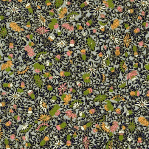 Japanese screen printed decorative chiyogami paper used in handmade cards. A repeating floral and scroll pattern on a light gray background, featuring black, green, pink, orange, and white motifs.