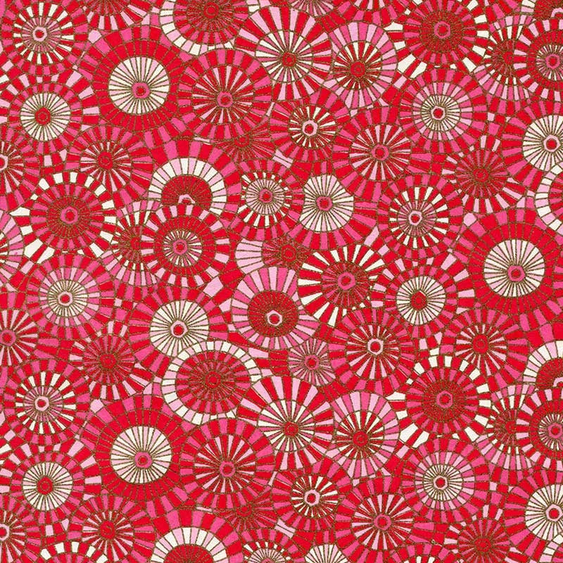 Japanese silk screen printed decorative chiyogami paper used on handmade cards.Red,white and pink parasols with gold accents tightly packed together.