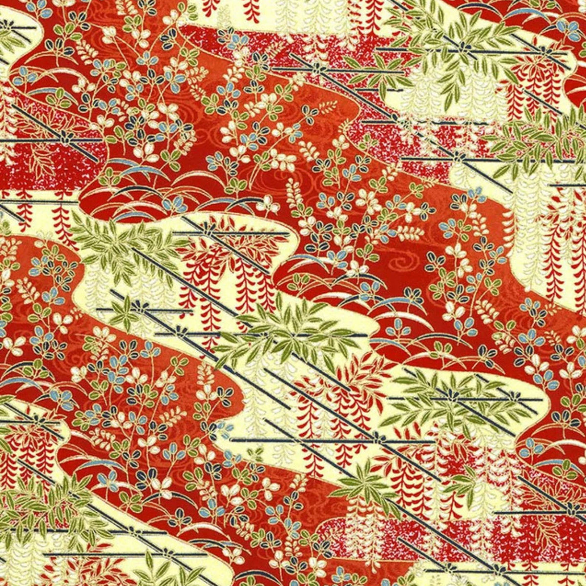 Patterned chiyogami handmade paper with red, green, and beige colors adn hints of gold.