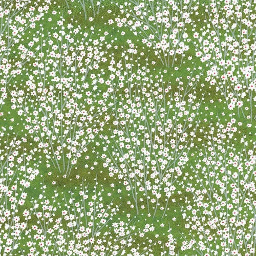 Japanese screen printed decorative chiyogami paper used in handmade cards. A green paper pattern featuring dense clusters of small white flowers and thin light green stems.