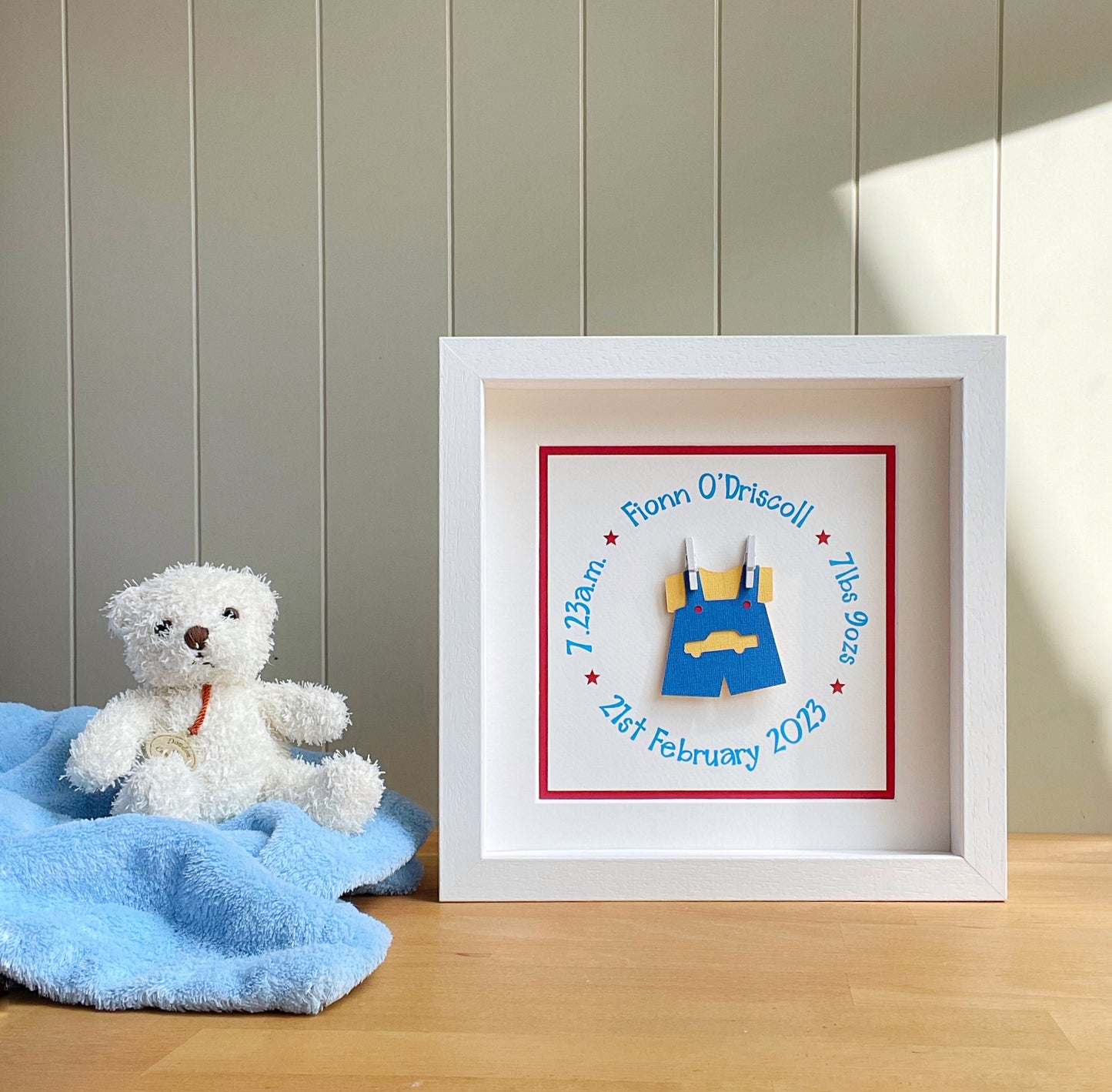 Baby boy’s dungarees handmade gift frame (Personalised & made to order)
