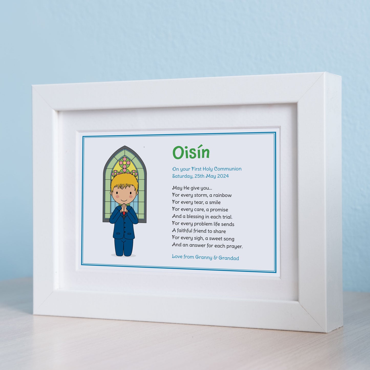 Personalised Communion Boy Illustration (8 x 10in Mounted print) WITH Communion Card & FREE Shipping