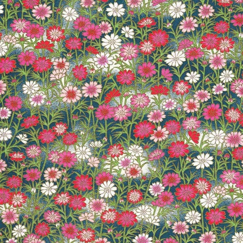 Japanese screen printed decorative chiyogami paper used in handmade cards. A dense floral pattern featuring pink, red, and white flowers with green stems and leaves on a dark navy blue background.