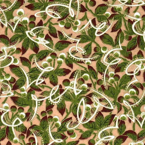 Japanese screen printed decorative chiyogami paper used in handmade cards. A repeating botanical pattern featuring green leaves and white abstract floral or vine motifs over a warm beige background.