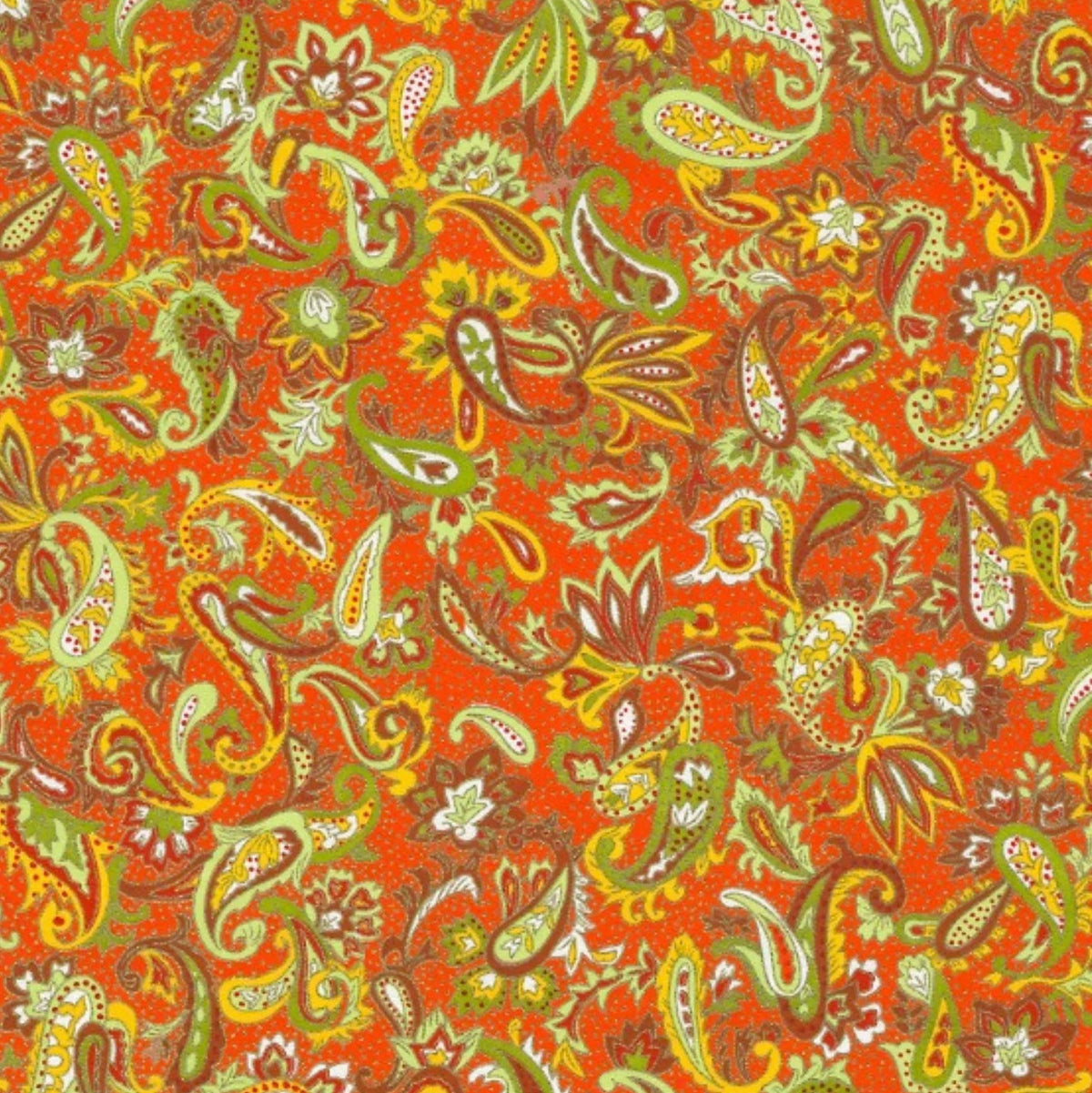 Japanese screen printed decorative chiyogami paper. A paisley patterned paper featuring orange, olive green, brown, and cream motifs.