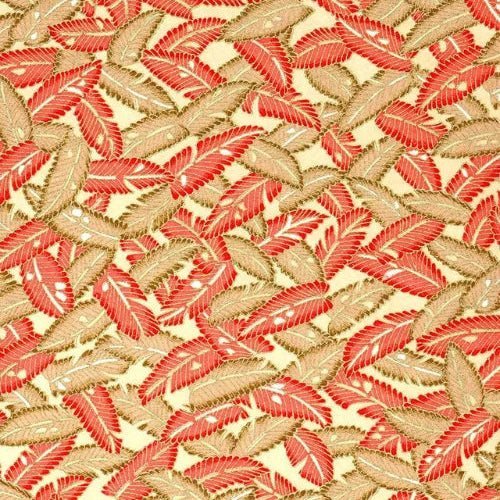 Japanese screen printed decorative chiyogami paper used in handmade cards. A repeating pattern of overlapping feather-like shapes in coral red and warm beige on a pale cream background with hints of gold.