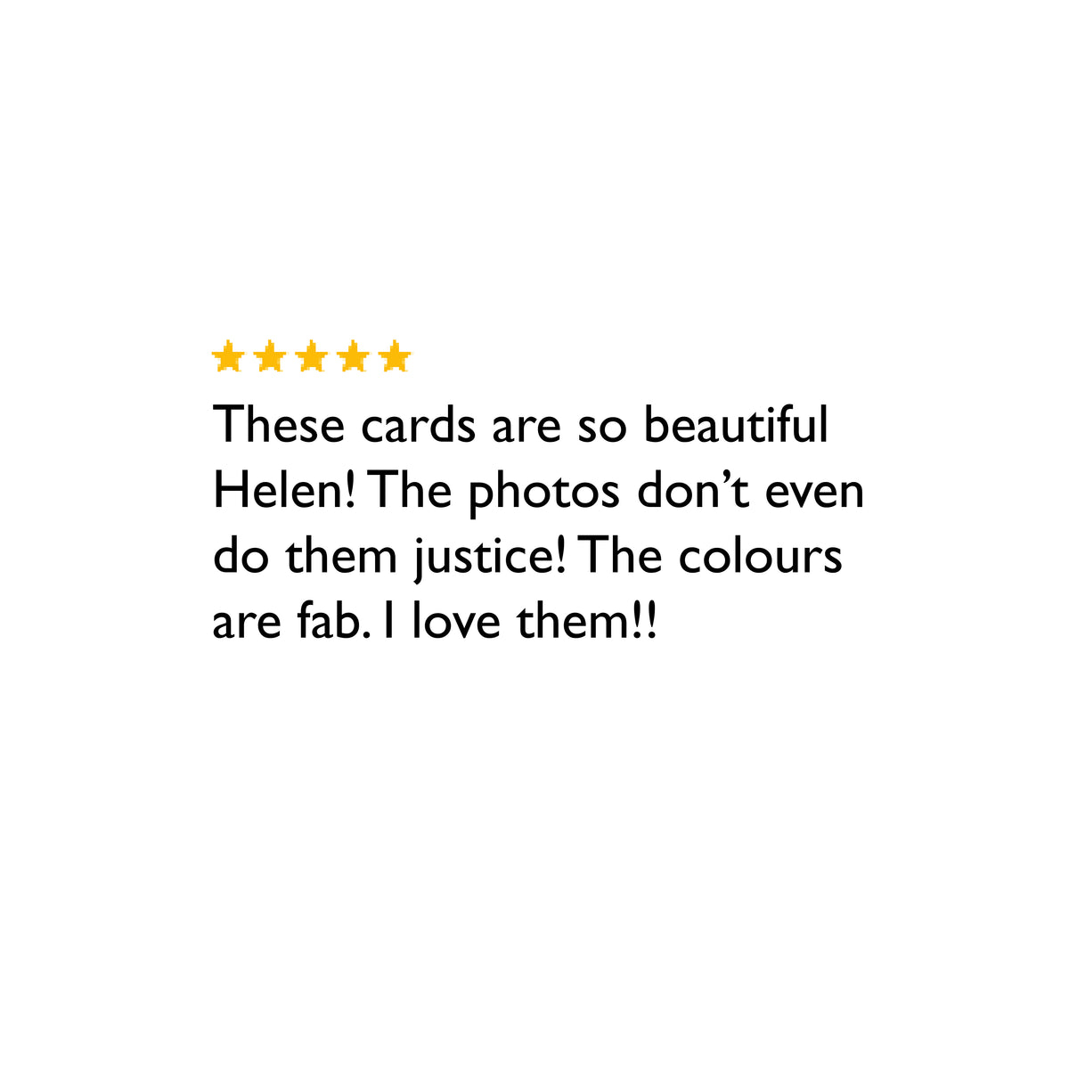 A five-star review with yellow stars and black text on a plain white background, praising cards 