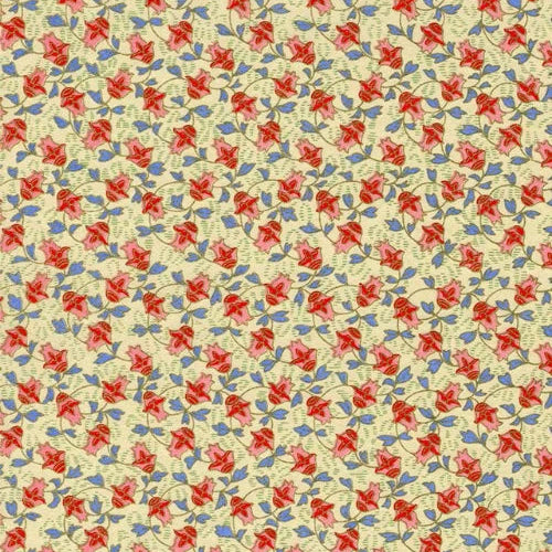 Japanese screen printed  decorative chiyogami paper. A repeating floral pattern featuring red and pink flowers and blue leaves on a warm cream background with hints of gold.